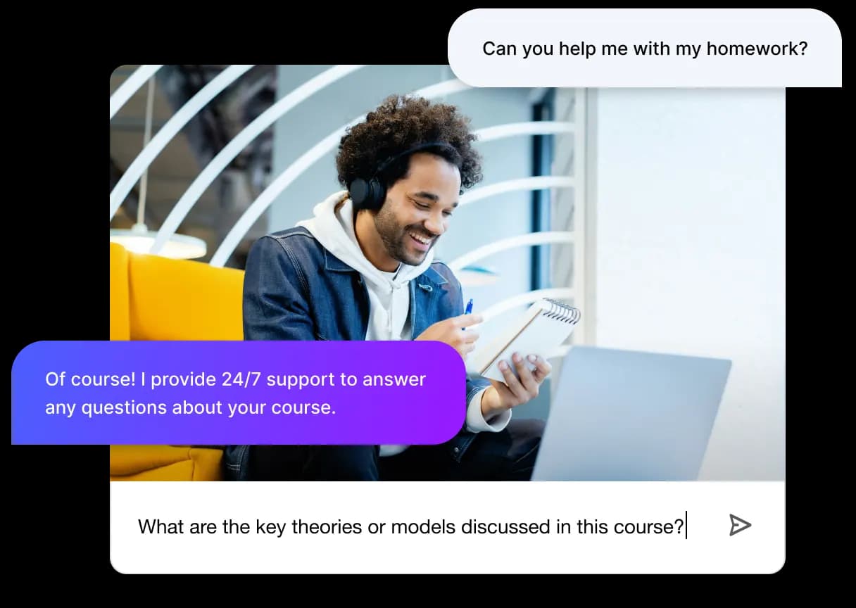 Illustration of a student using a laptop to ask AristAI Tutor for help with homework. Text bubbles around the image simulate a conversation, where the student is asking questions about their homework and receiving responses from the AI Tutor.