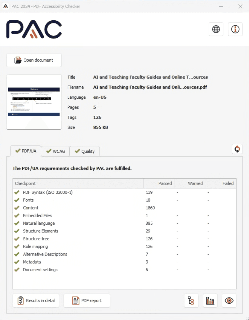 PAC 2024 Accessibility Checker verification screenshot